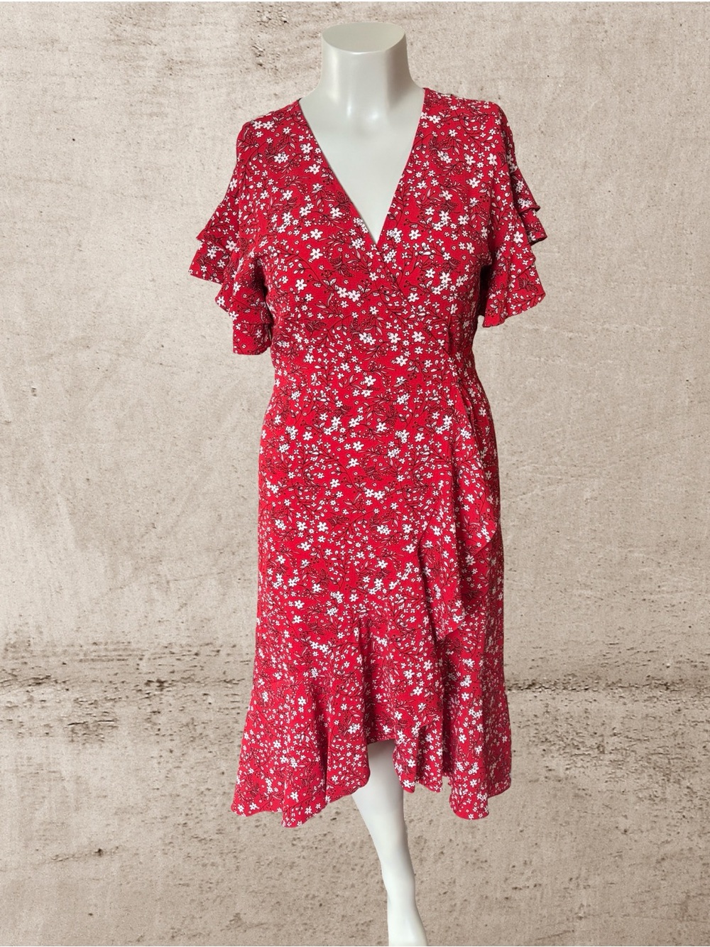 Max Studio Red Floral Wrap Midi Dress